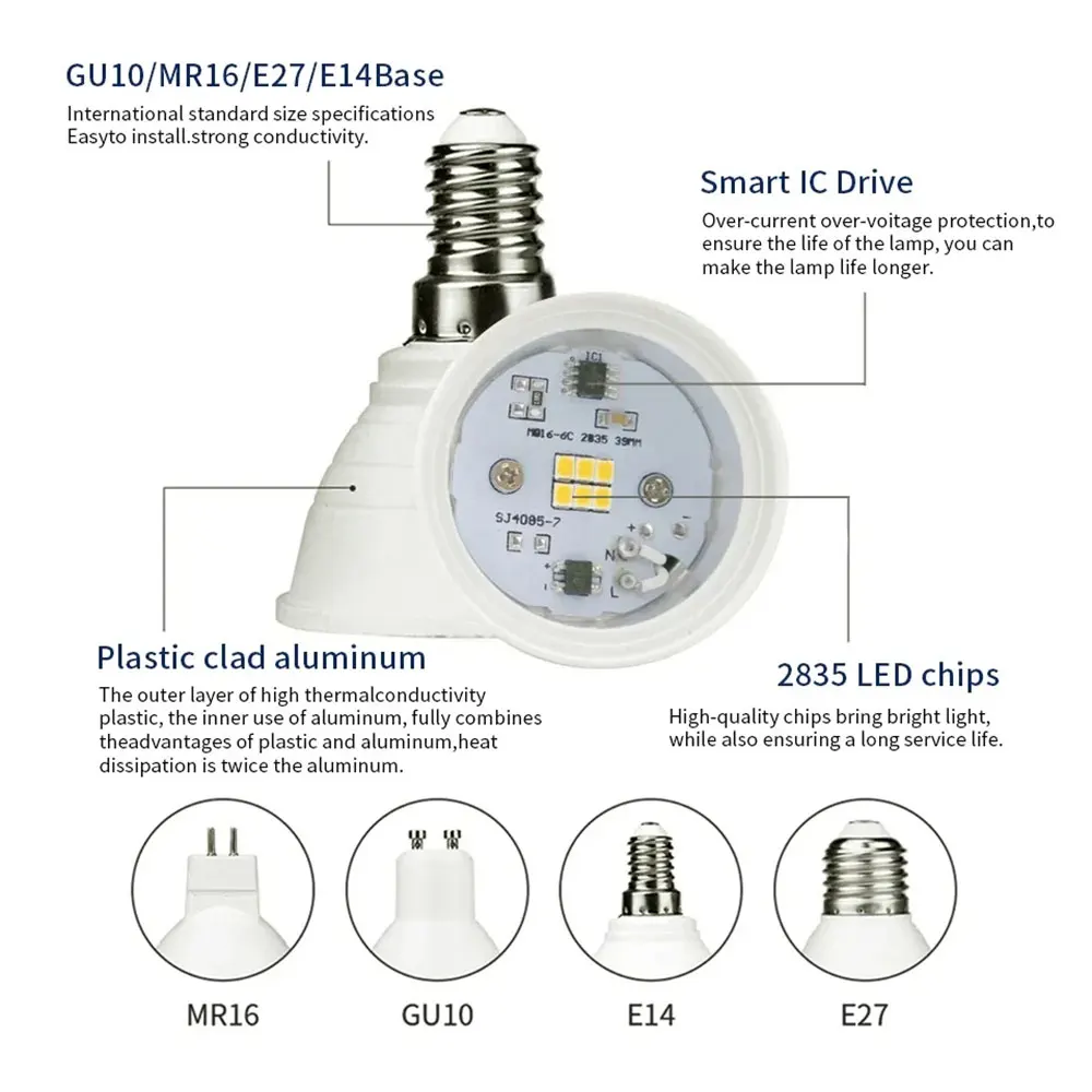 4-częściowa 12V 230V LED GU5.3 MR16 reflektor żarówka 4.5W (odpowiednik 35W) ciepła biel bez regulacji ściemniania E14 E27 GU10 do wyboru