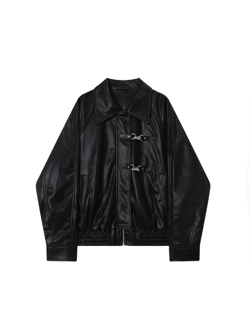 

Women Vintage Black Leather Jacket New Spring Autumn Y2K Loose Style Short Jacket Trendy PU Leather Motorcycle Coat