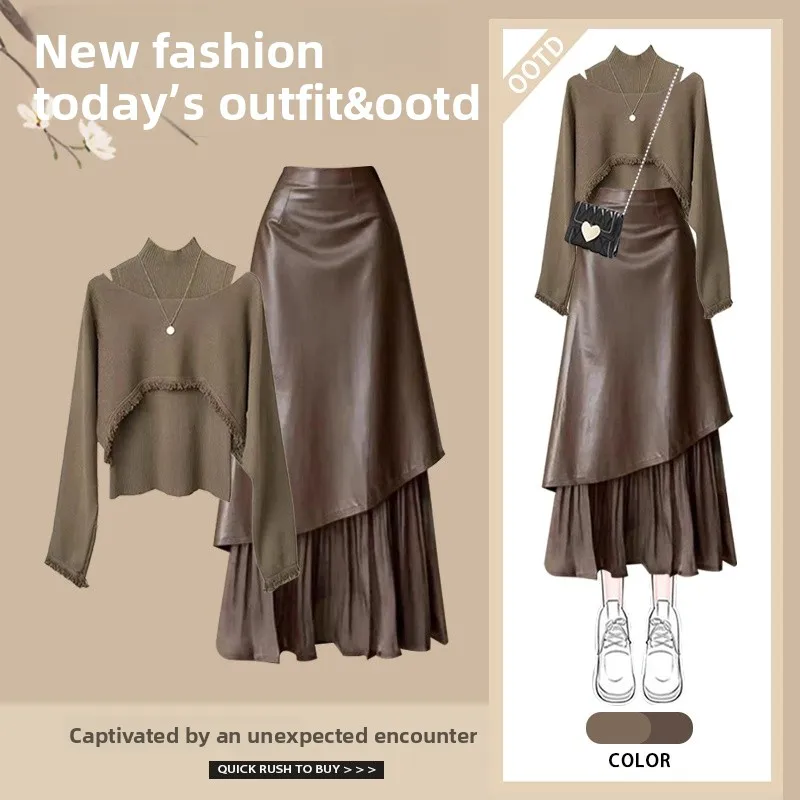 Automne Vintage Melne femmes Faion ensemble taille haute jupe gilet t-pièce costume décontracté Sle Long Sve haut tricoté