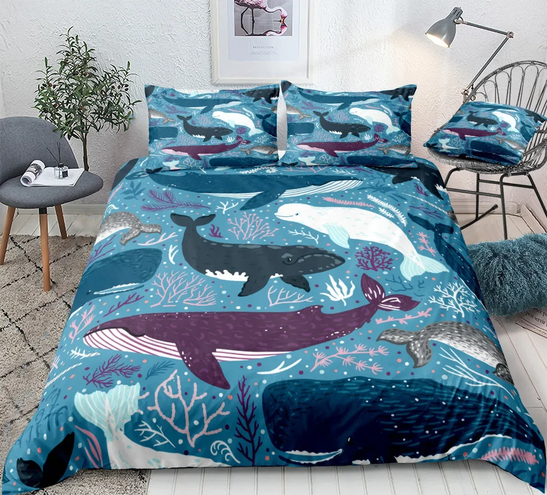 Ocean Duvet Cover Set Blue Whale Bedding Set Sea Animal Bed Linen Striped Beds Set Boys Teens Home Textile Microfiber Bedclothes