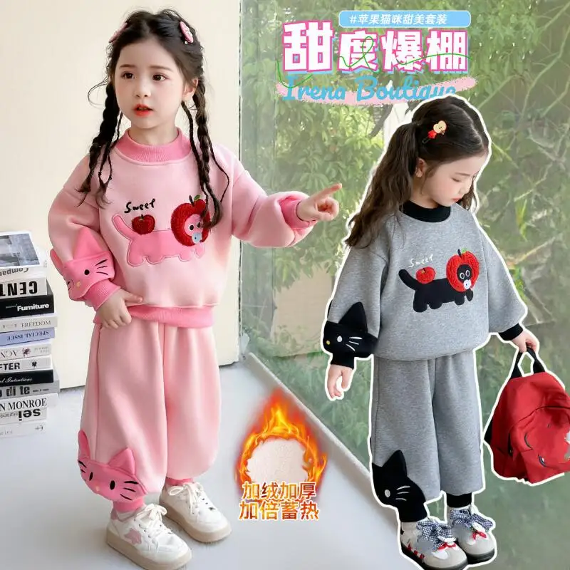 

Cute Kitten Girls' Thick Warm Cartoon Hoodie 2Pcs 2025 Autumn Winter New Child Kawaii Anime Fashion Leisure Sweet Sweatshirt Set