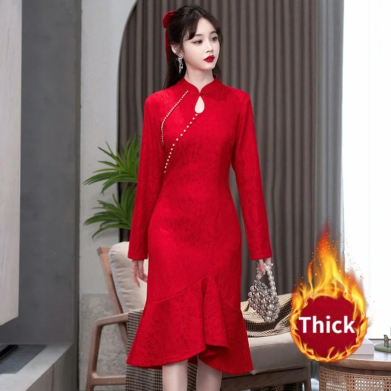 

Lace Qipao Dress Dinner High-end Chinese Style New Year 2023 Autumn Winter New Elegant Retro Slim Young Improved Cheongsam