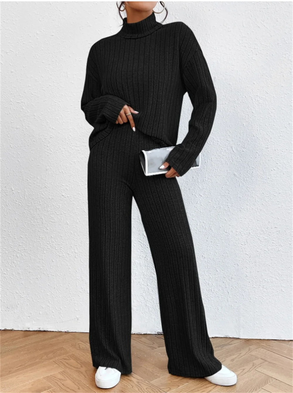 Women Knitted Solid Turtleneck Pullover Sweater and Straight Pants 2 Piece Set Autumn Winter High Elastic Warm Sweaters Suit