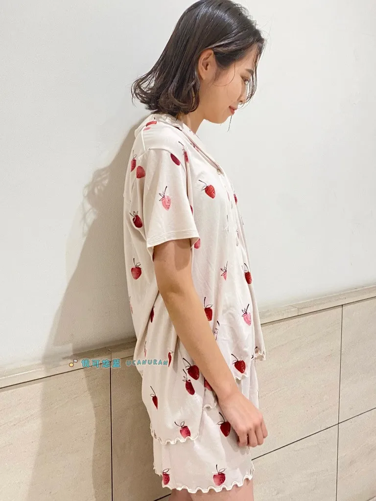 Sales Japan Original  Summer Strawberry Painting Pajamas Cotton Modal Stringy Selvedge Short Sleeve fancy Loungewear