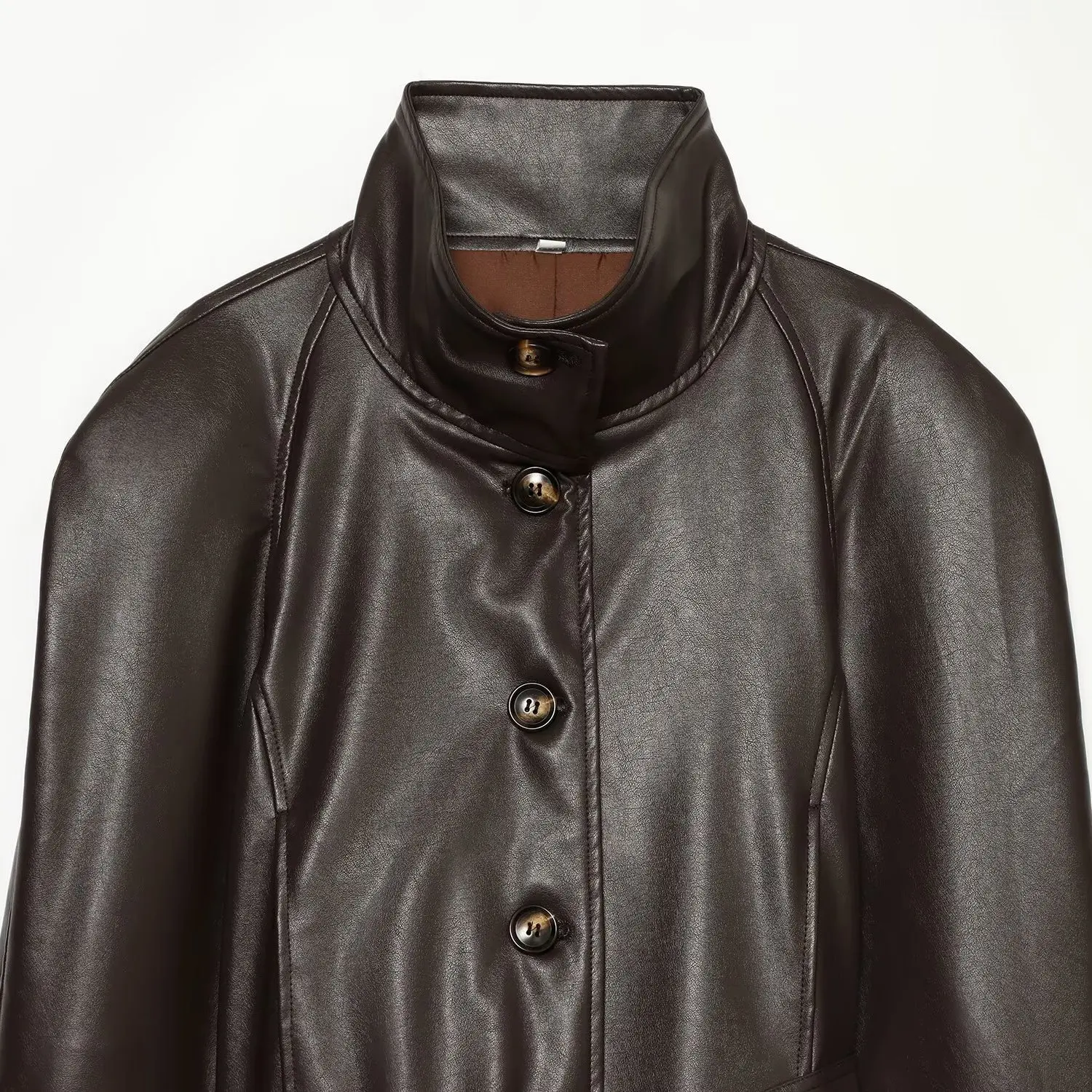 KASLEAD New Women's Leather Effect Shoulder Pad Windbreaker Style Jacket Coat Short Length Long Sleeve Polyester Fiber