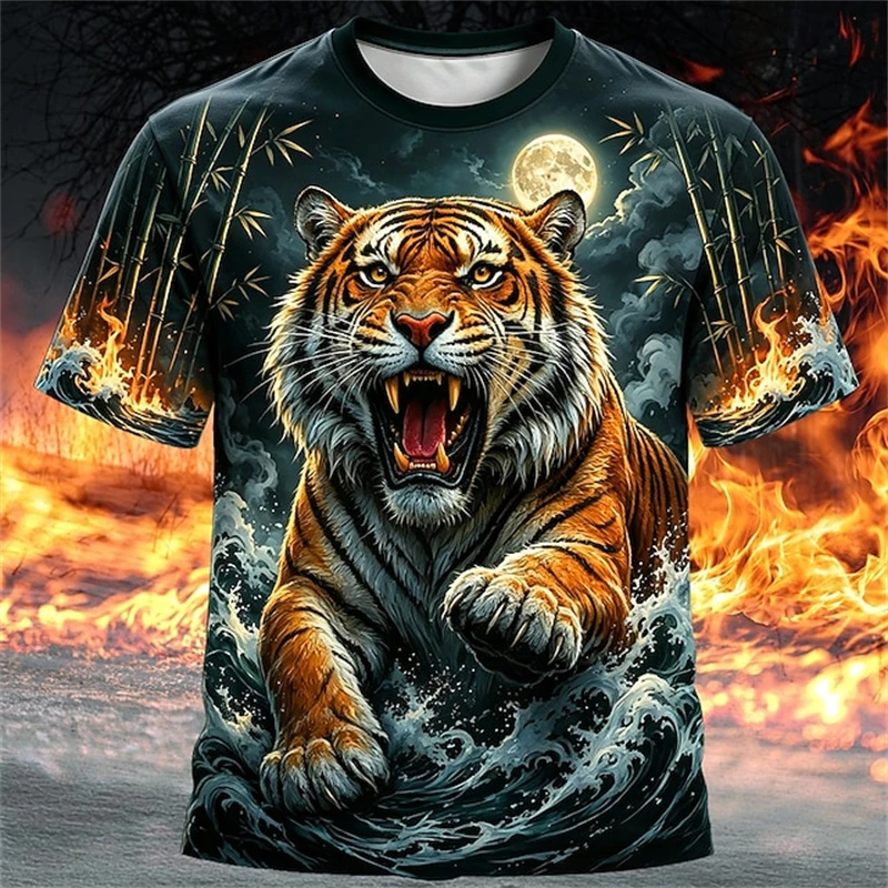 New Men's Summer Crew-Neck Short-Sleeve T-Shirt with Retro Tiger Print Breathable Casual and Loose-Fitting Mens Short-Sleeve Top