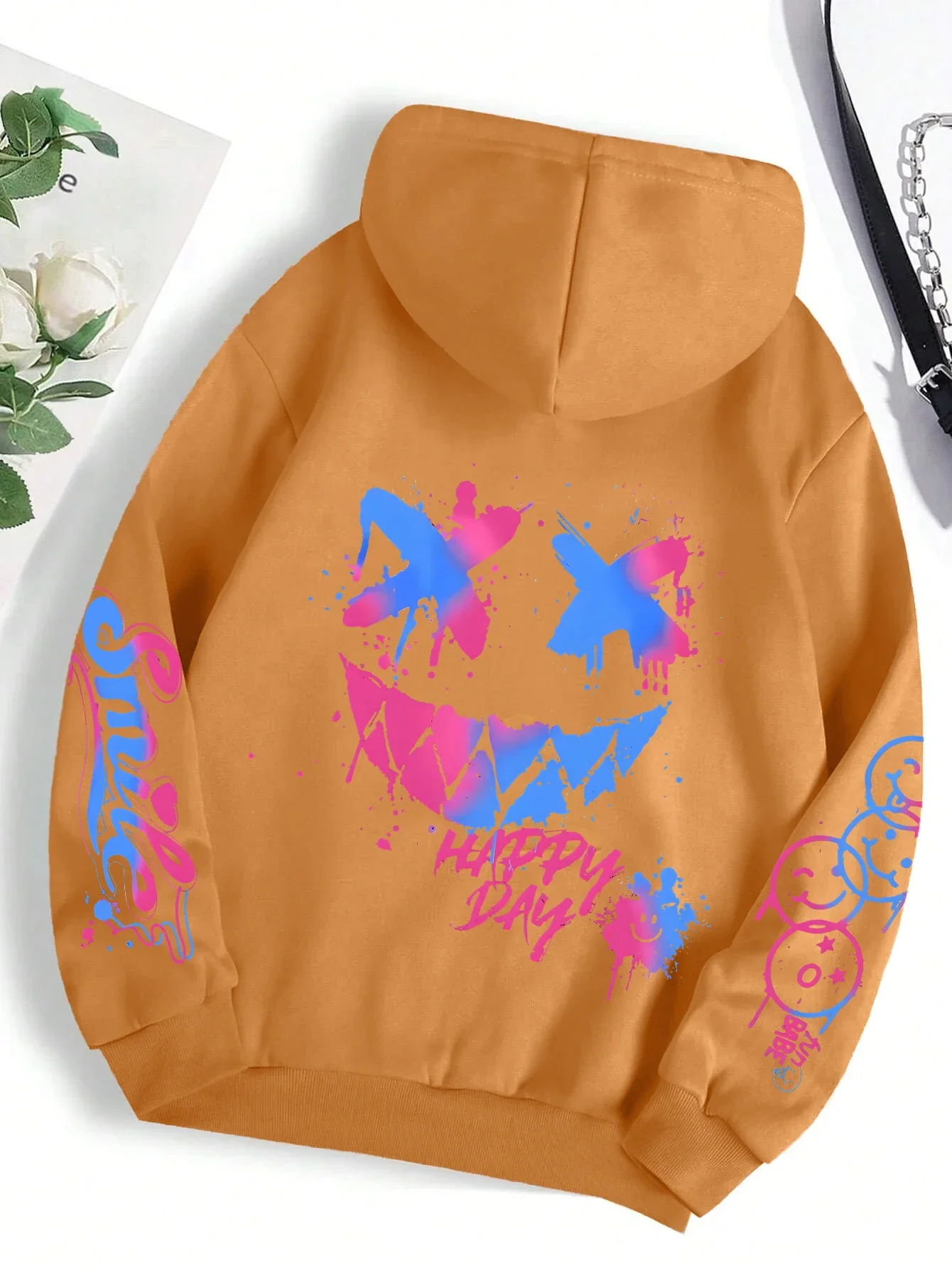 Happy Day Graffiti-Print Damen Hoodie Street Hip Hop Hoody Mode Rundhals Vielseitige Hoodies Vintage Oversize Kleidung für Frauen – Detail 22