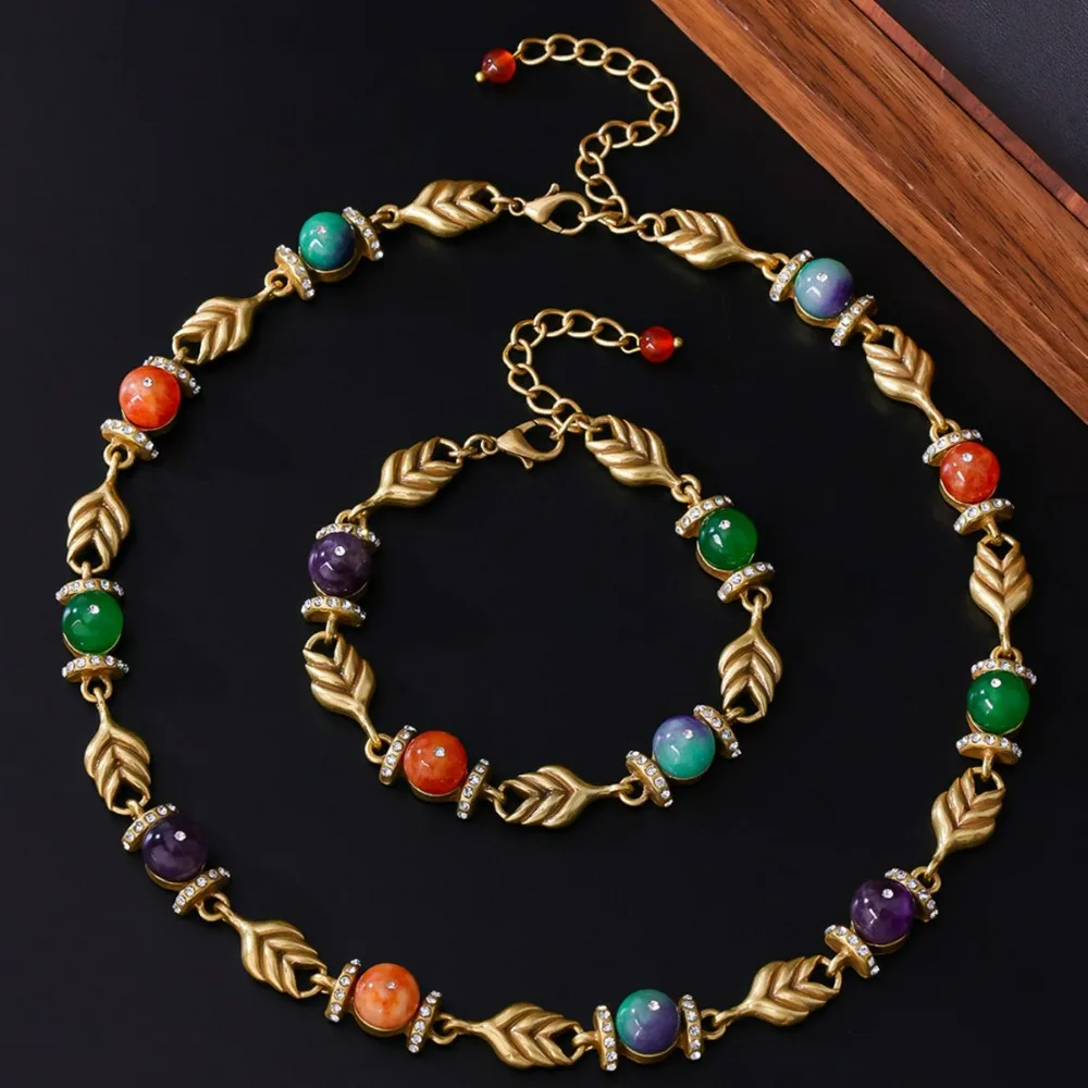 

Natural Stone Beaded Necklace, Medieval Vintage Light Luxury Jewelry Set, Distressed Retro Palace Style Rhinestone Circle Bangle