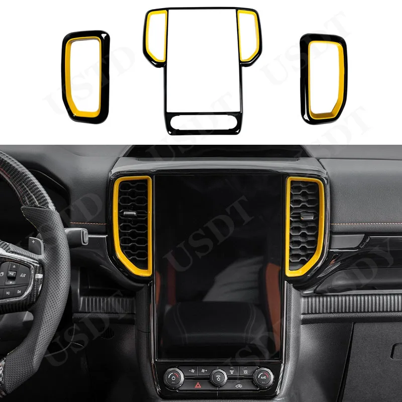 Fit for Ford Ranger T9 2024 2025 Glossy Black Yellow Central Control Creen Instrument Air Vent Decorative Frame