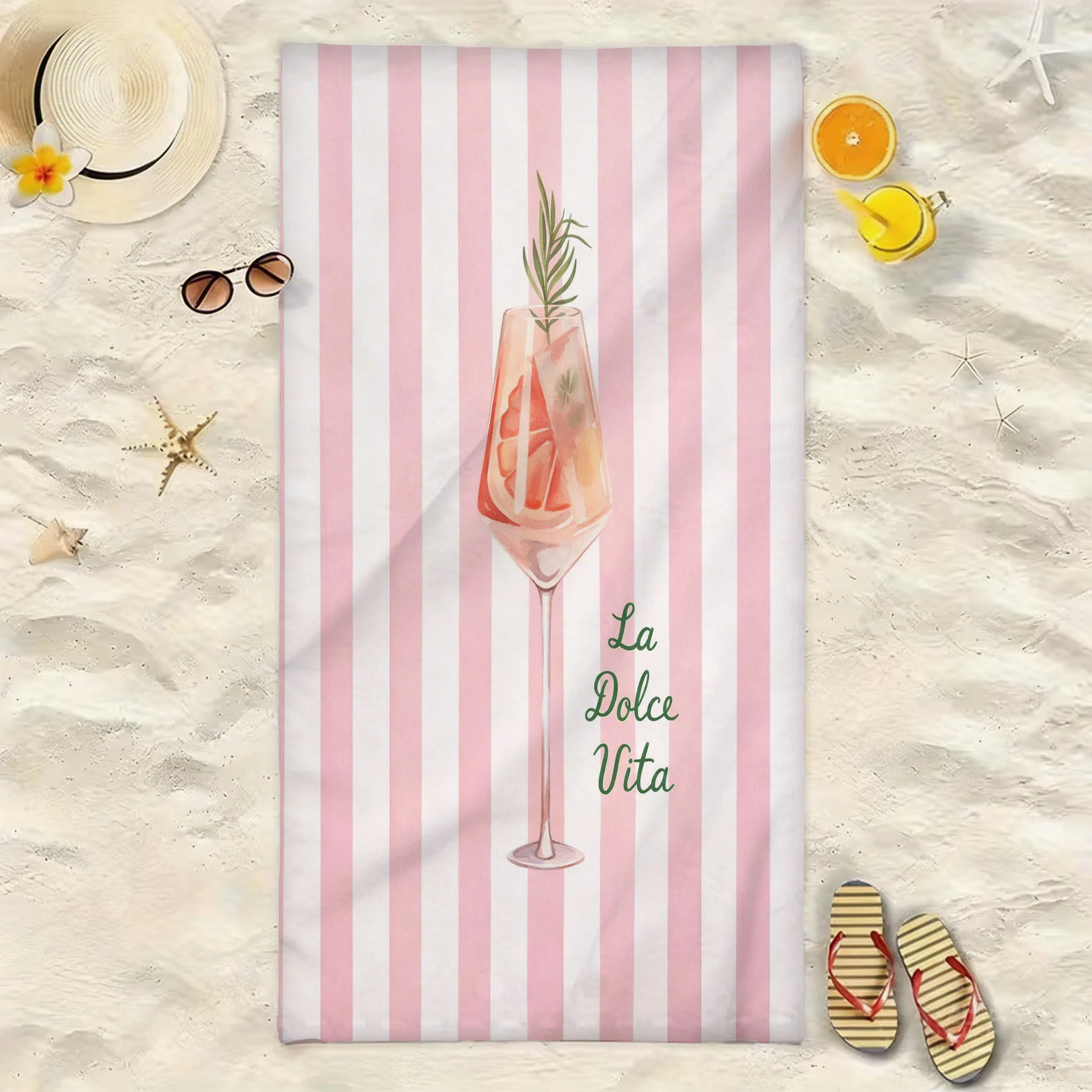 Special Print Fiber Towel Soft Absorbent Quick-Dry Lightweight Beach Towel | Pink White Vertical Striped Grapefruit Rosemary