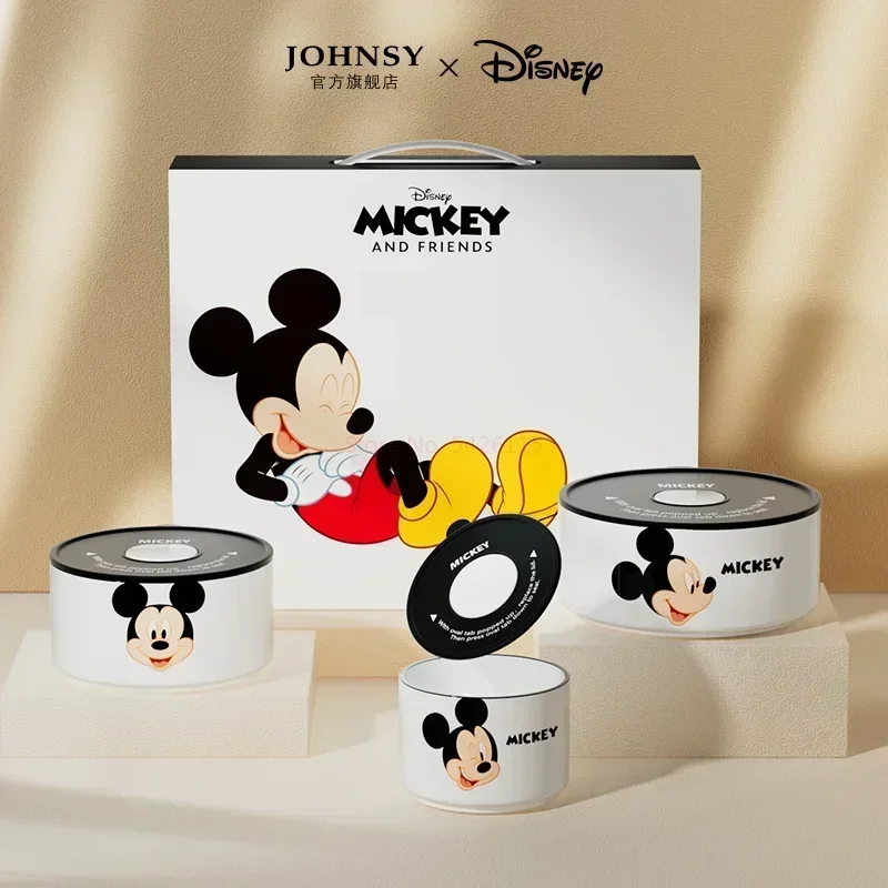 2024 New Disney Anime Mickey Mouse Minnie Mouse Cartoon Tableware Ceramic Bowl With Lid Microwave Oven Soup Bowl 3pcs Gift Box