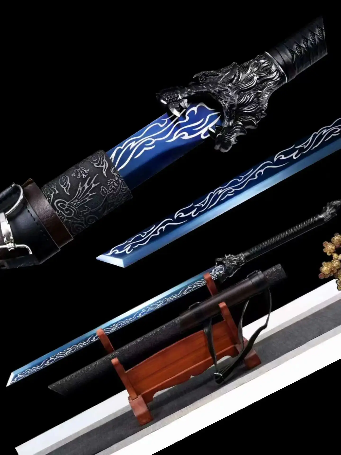 Real Chinese Kungfu Sword, Grey Wolf Flame, Handmade Multi Refined High Manganese Steel Baked Blue Blade, Unsharp