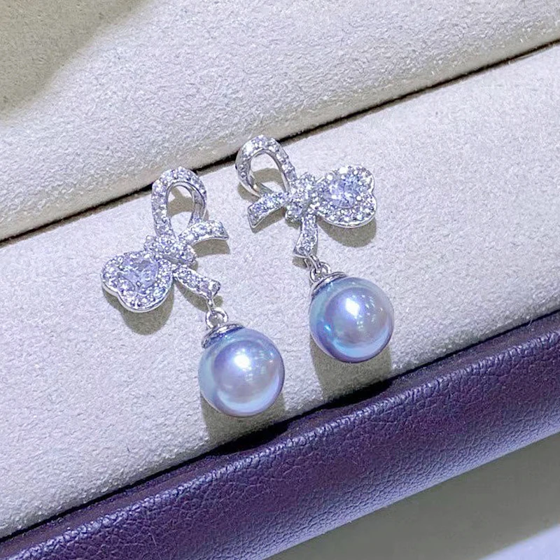 

MeiBaPJ Real 925 Sterling Silver Natural Round Purple Pearl Bow Stud Earrings Fine Charm Party Jewelry for Women