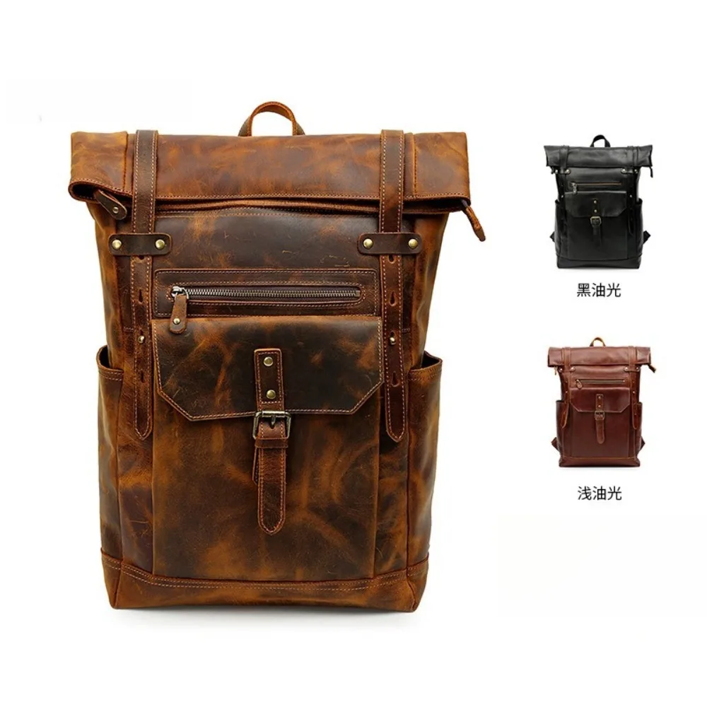 Backpack Commuter Leather Men's Bag Large Capacity Crazy Horse Leather Men's Backpack First Layer Cowhide Travel Bag