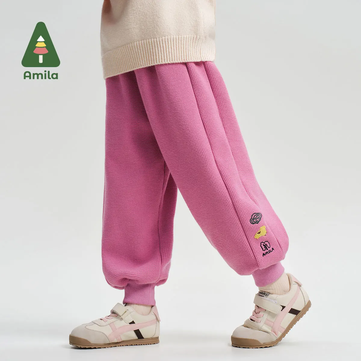 Amila Baby Pants 2024 Winter New High Quality Girls Waffle Cartoon Soft Warm Plus Velvet Casual Loose Children’s Trousers