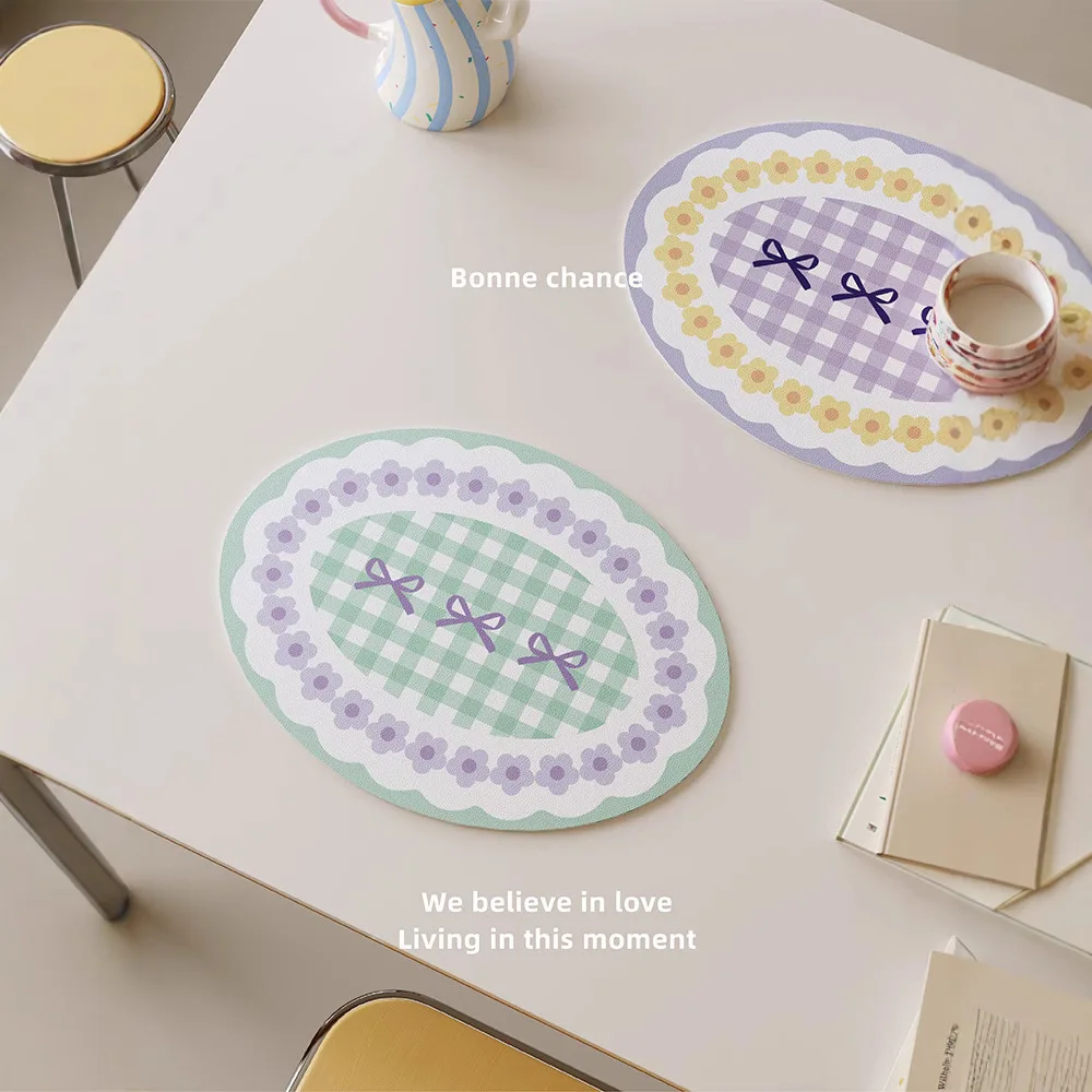 Cute Oval Heat Resistant Placemat INS Oil-Proof Waterproof PU Leather Dining Room Table Mats Kitchen Tableware Bistro Bar Home