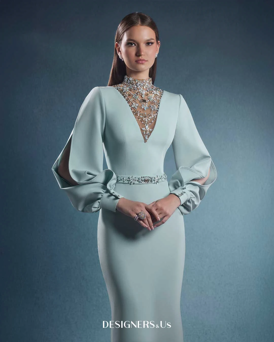 

ROSEINTHEBOX Engagement Dress Puff Open Sleeves and a V-shape Crystal High Neck Sheath Skirt Speicial Formal Occasion Customized