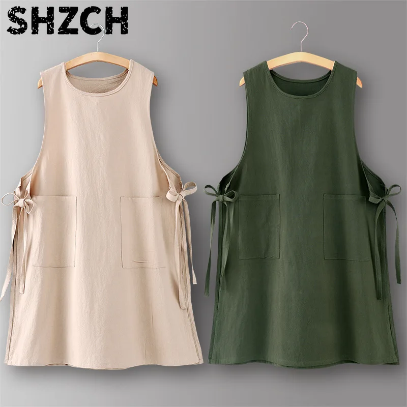 Round Neck Cotton Apron with Side Straps Home Cleaning and Stain Resistant Cover Two Pockets Suitable for Flower Shops