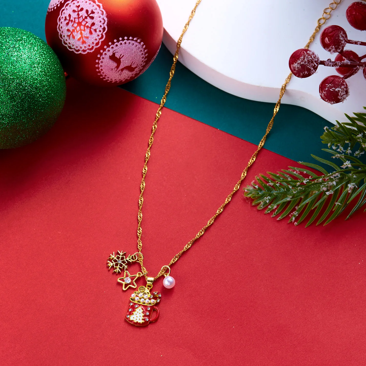Christmas Red Enamel Coffee Cup Pendant Necklace For Women Exquisite Imitation Pearl Snowflake Zircon Star Choker Party Gift