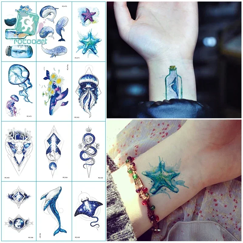 Jellyfish Dolphin Ocean Temporary Tattoos Sticker Watercolor Fake Tattoo Flash Custom Tatoo For Children Women Body Art Arm