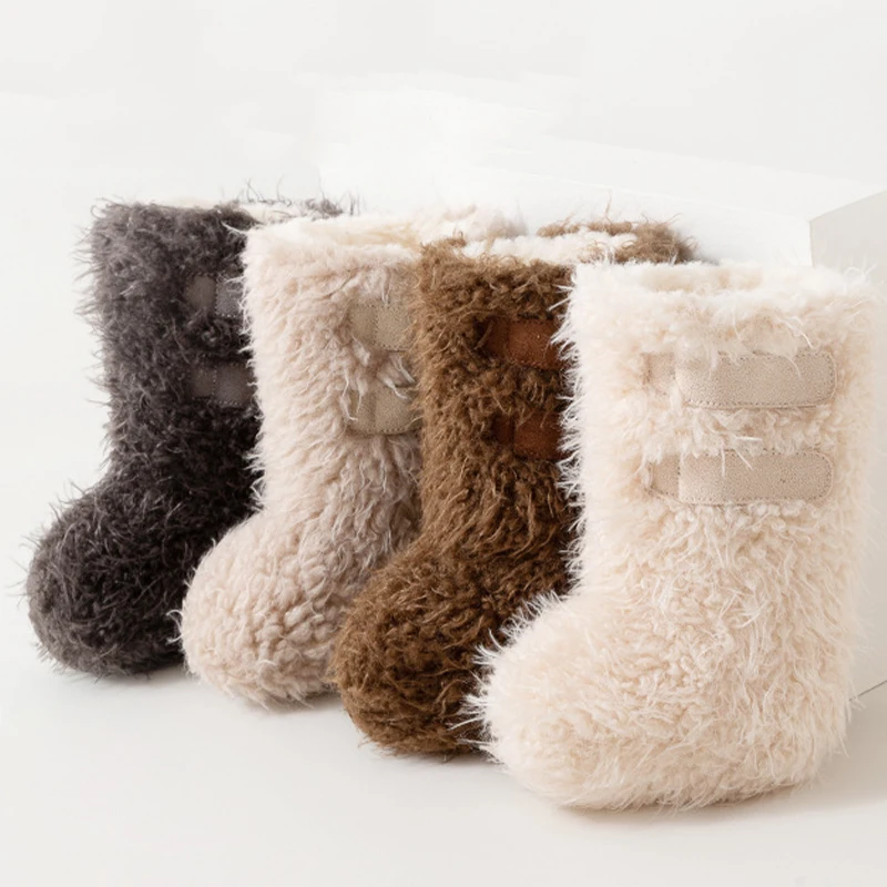 Baby Winter Booties Warm Curly Mid Calf Furry Anti-slip Sole Toddler Boots Baby Floor Shoes for Newborn First Walking 0-18M view 2
