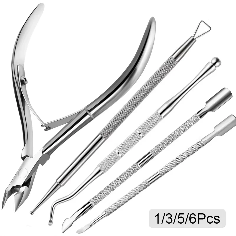 1/3/5/6Pcs Nail Professional Stainless Steel Nail Cutter Scissor Nippers Cuticle Pusher Remover Nail Care Manicure Tools Kits