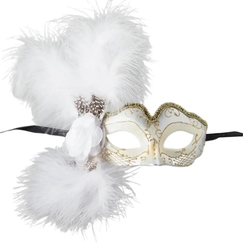 

652F Masquerade Mask for Women, Feathered Cosplay Eyemask Masquerade Half Face Mask with Flower for Halloween Cosplay