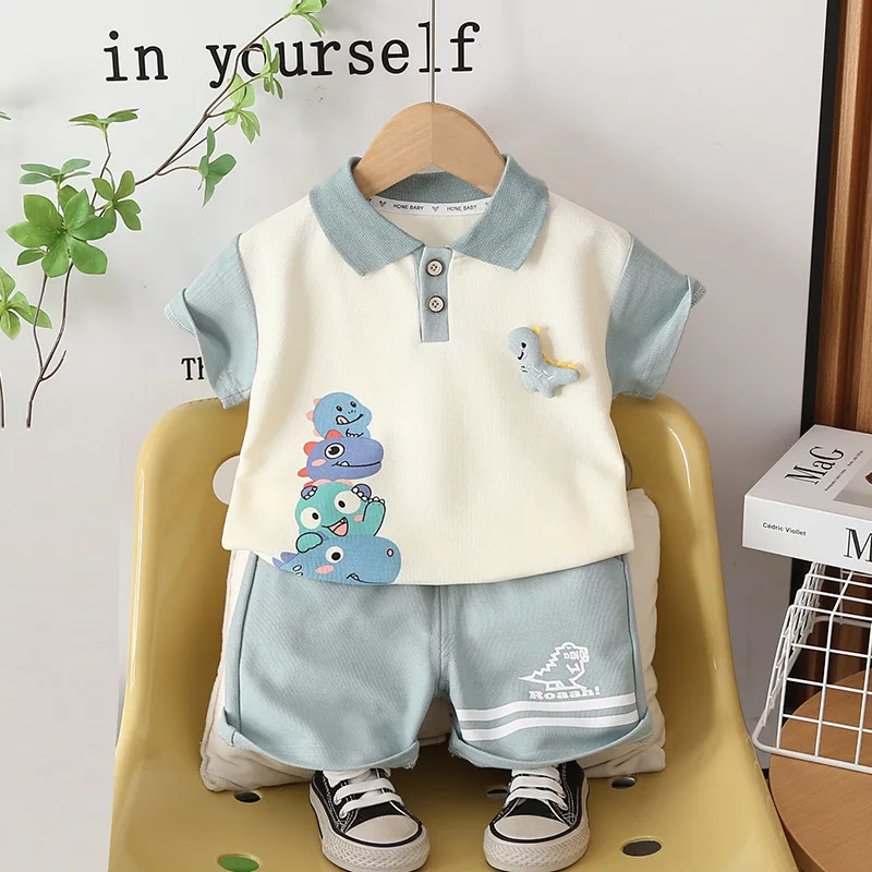 Moda de verano, ropa para bebés y niños, trajes con dibujos de dinosaurios, camiseta Polo, pantalones cortos, 2 unidades/conjunto, conjunto informal para niños pequeños