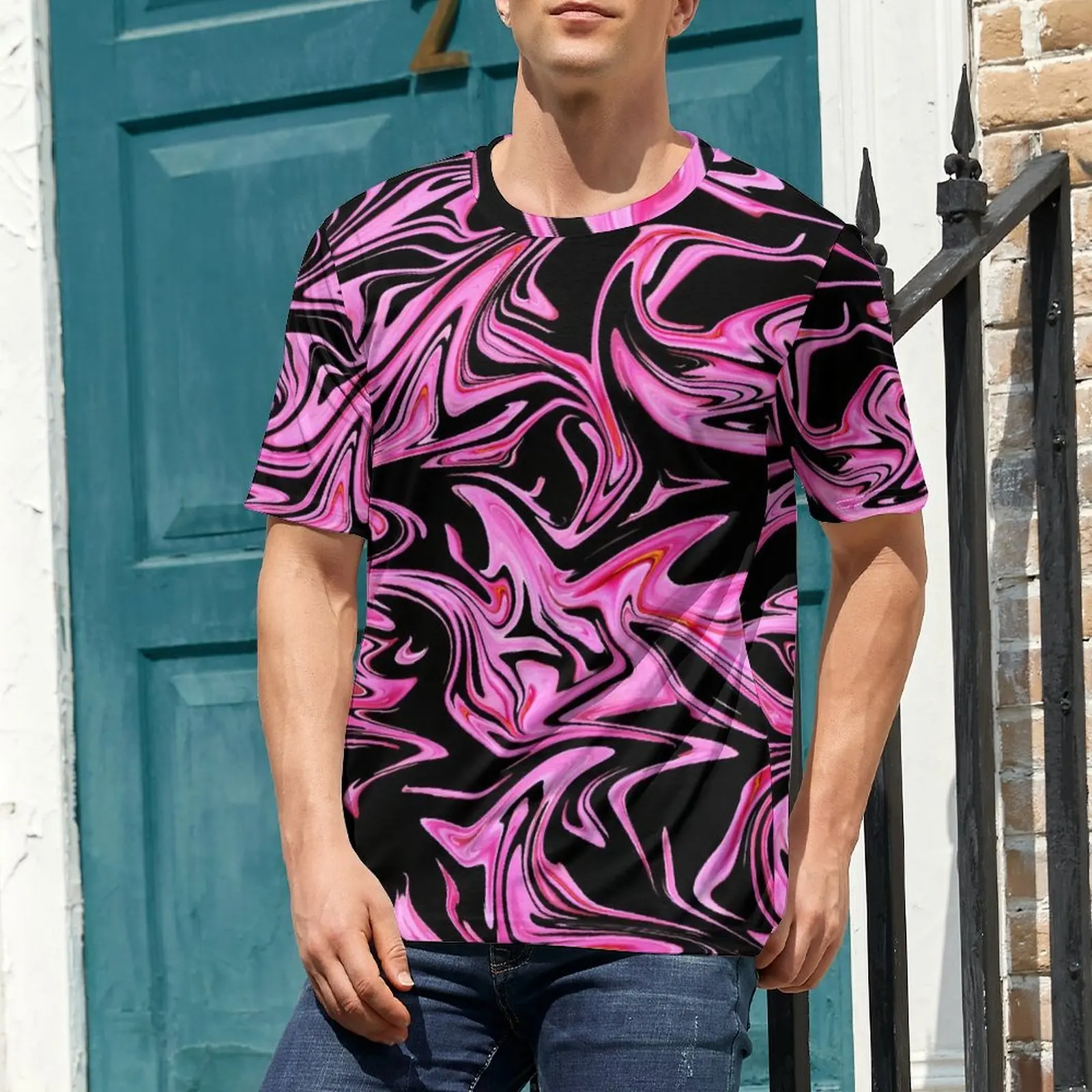 Marble T Shirt For Men Pink And Black Liquid Design O Neck T Shirts Original Hippie Tops Short Sleeve Casual Oversize Tee Shirt