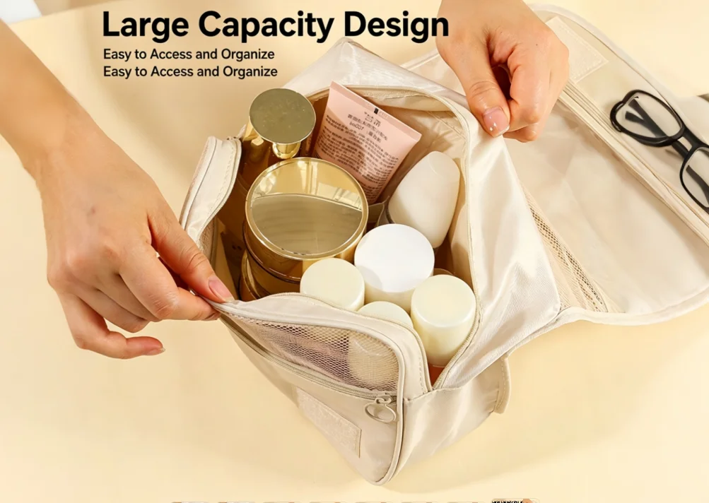 Large-Capacity Portable Travel-Toiletry Bag with Hook Simple-Style Good-Looking Cosmetic Makeup Wash Pouch Carry-On Bag