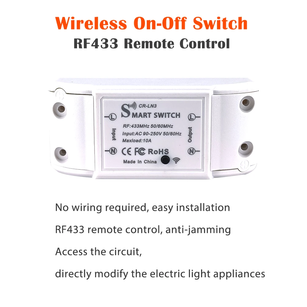 Wireless On-Off Switch RF433MHz Remote Control 10A 90-250V AC DIY Products