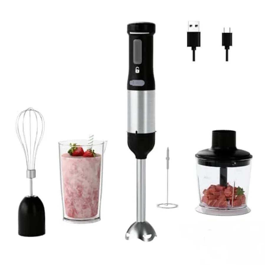 Cordless Immersion Hand Blender 5-in-1 Variable Speed Rechargeable with 2000mAh Battery BPA-Free Dishwasher-Safe Accessories In