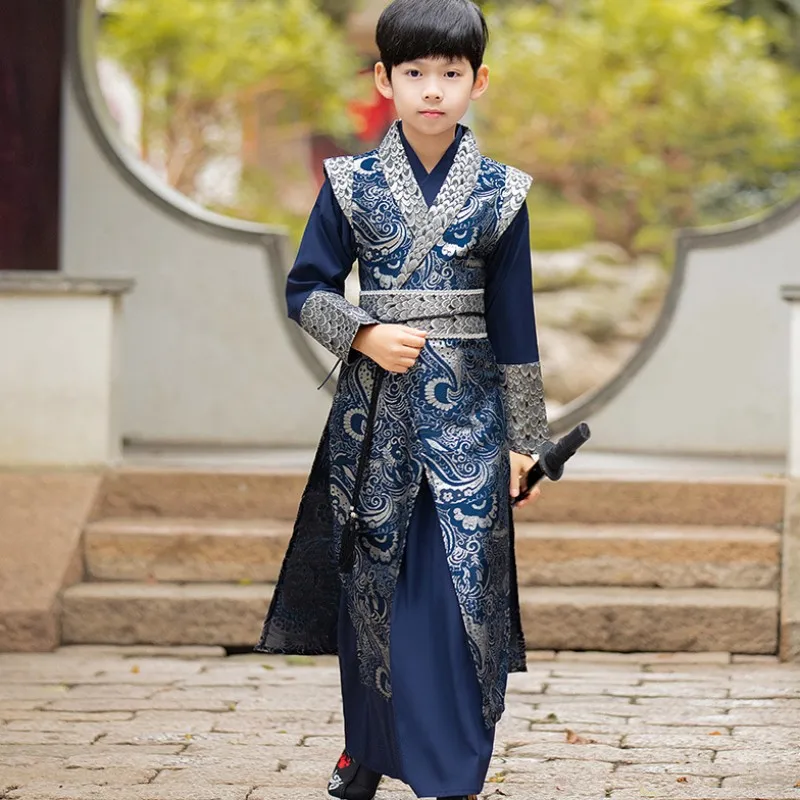 Disfraz de primavera para niños de mediana edad, superficie de satén brocado, estilo tradicional chino, caballero errante, Hanfu mejorado