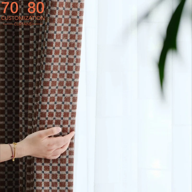 Vintage Imitation Wool Plaid Jacquard Thickened Chenille Blackout Curtains for Living Room and Bedroom Customized Products