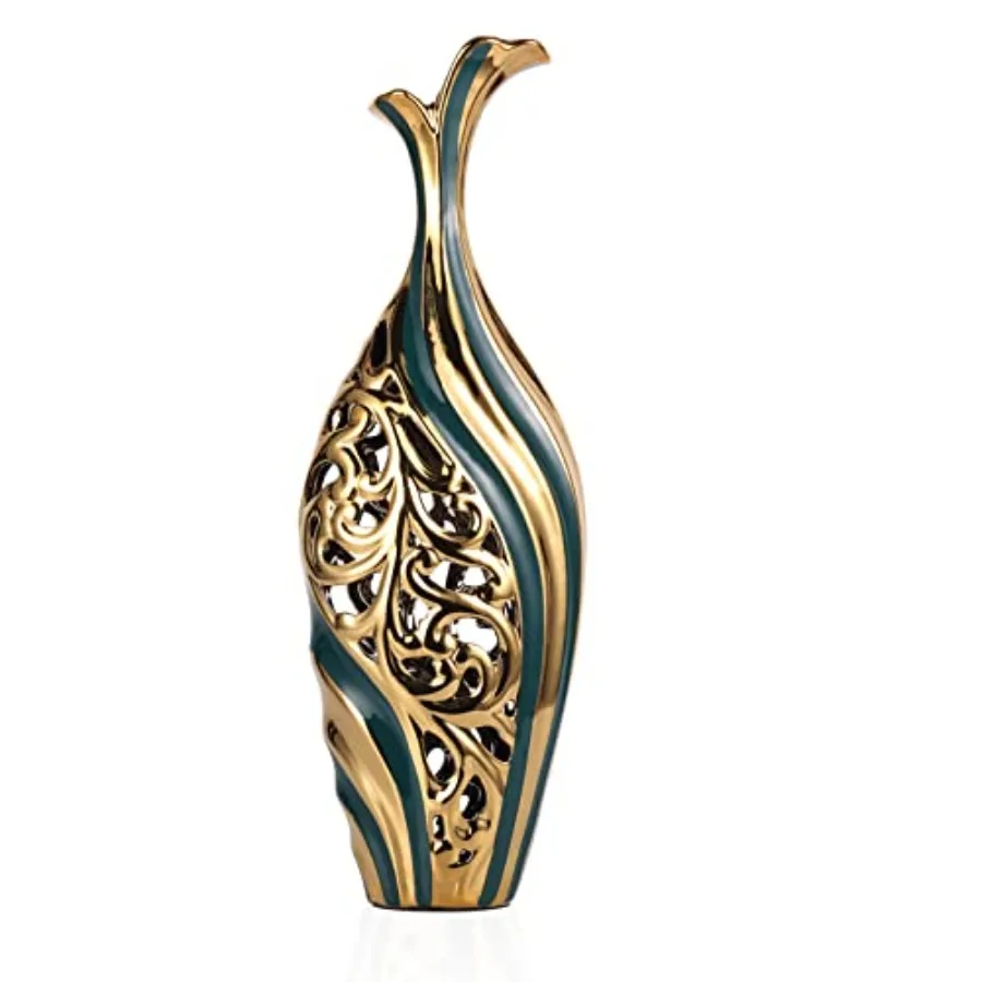 

19 inch Tall Floor vase, Green and Gold Ceramic vase, Pottery Decorative vase, Unique Pampas Grass vase Suitable for Living Roo