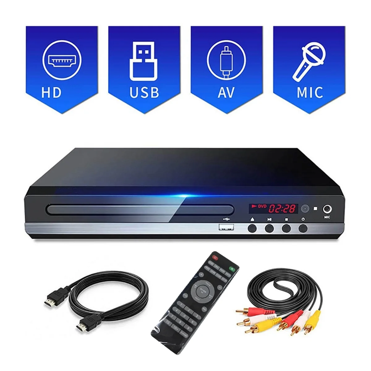 DVD Player 1080P HD Home DVD Player Box for TV All Region Free DVD CD-Disk Player AV-Output EVD Player--US Plug