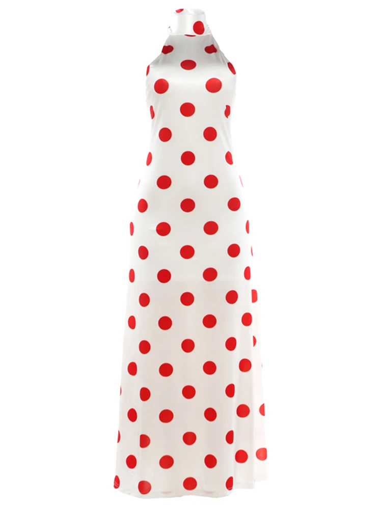 Weird Puss Sexy Rückenfreies Langes Kleid für Damen, Polka-Dot-Druck, Schnürung, Neckholder, Rollkragen, Ärmellos, Mitternachtsparty, Elegante Vestidos – Detail 2