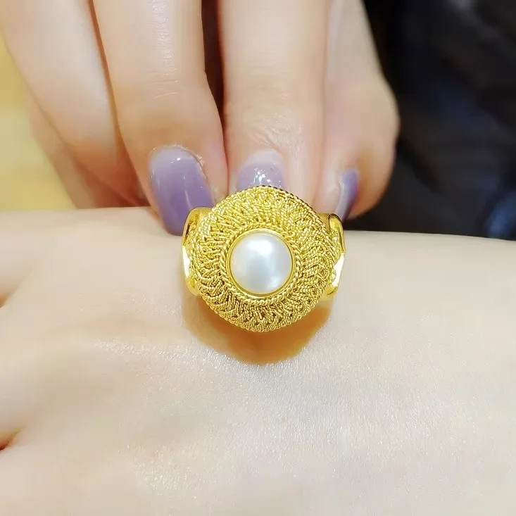 24K pure gold ring Chinese retro silk pearl ring au9999 gold ancient fashion ring 2025 new index finger ring