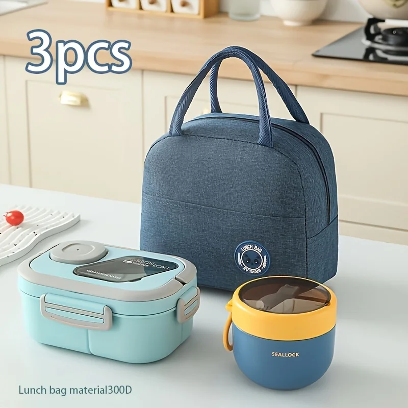 3-teiliges Lunchbox-Set mit isolierter Tasche mit großer Kapazität, wiederverwendbares Geschirr, Mahlzeit, Snack, Lebensmittelhalter für Schule, Picknick, Büro, Camping