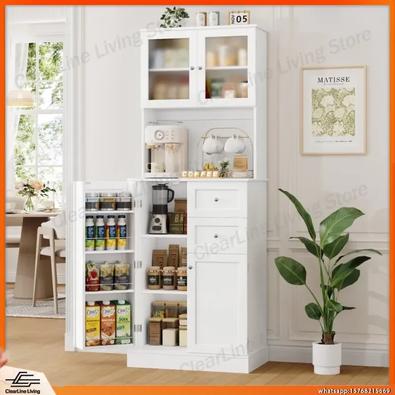 

Kitchen Wardrobe Buffet Cabinet with 2 Glass Doors High Storage Wardrobe 4 Doors 2 Drawers Multi Purpose Kitchen Dining Room