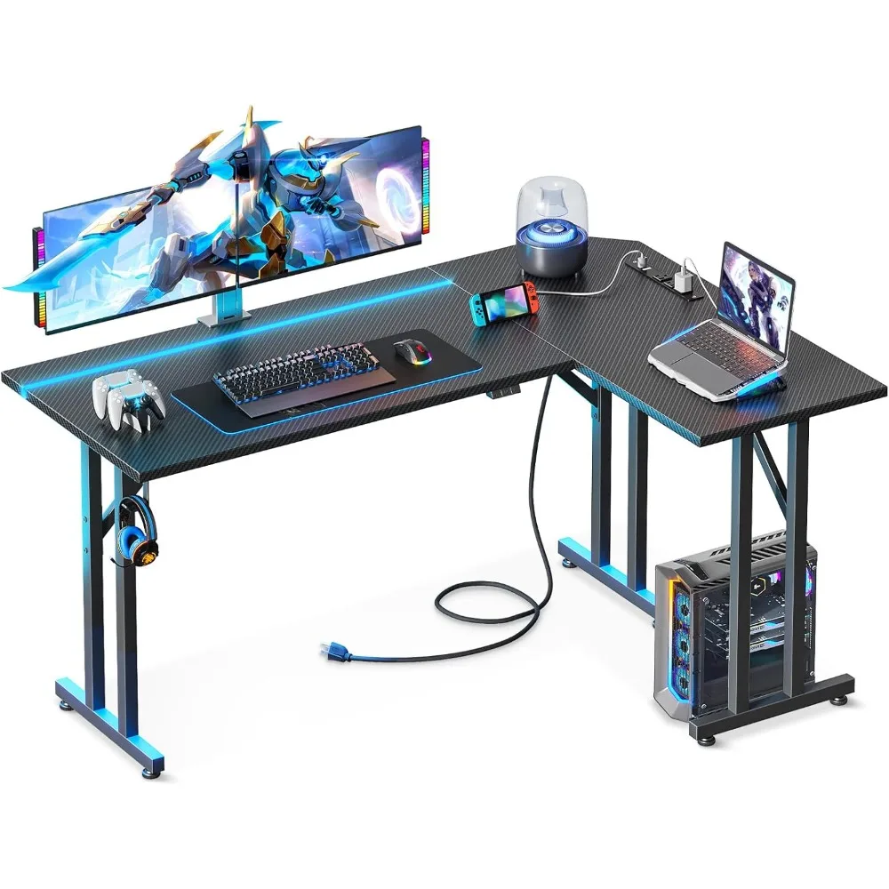 L Shaped Gaming Desk with Led Lights, 51 Inch Gaming Computer Desk with Carbon Fiber Texture