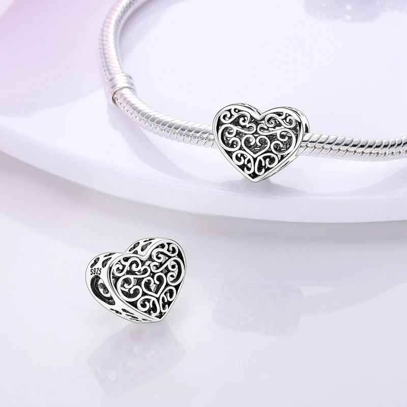 New 925 Sterling Silver Charm Beads Family Sister Love Heart Beads Fit Original Bracelets DIY Pendant Woman Jewelry Gift
