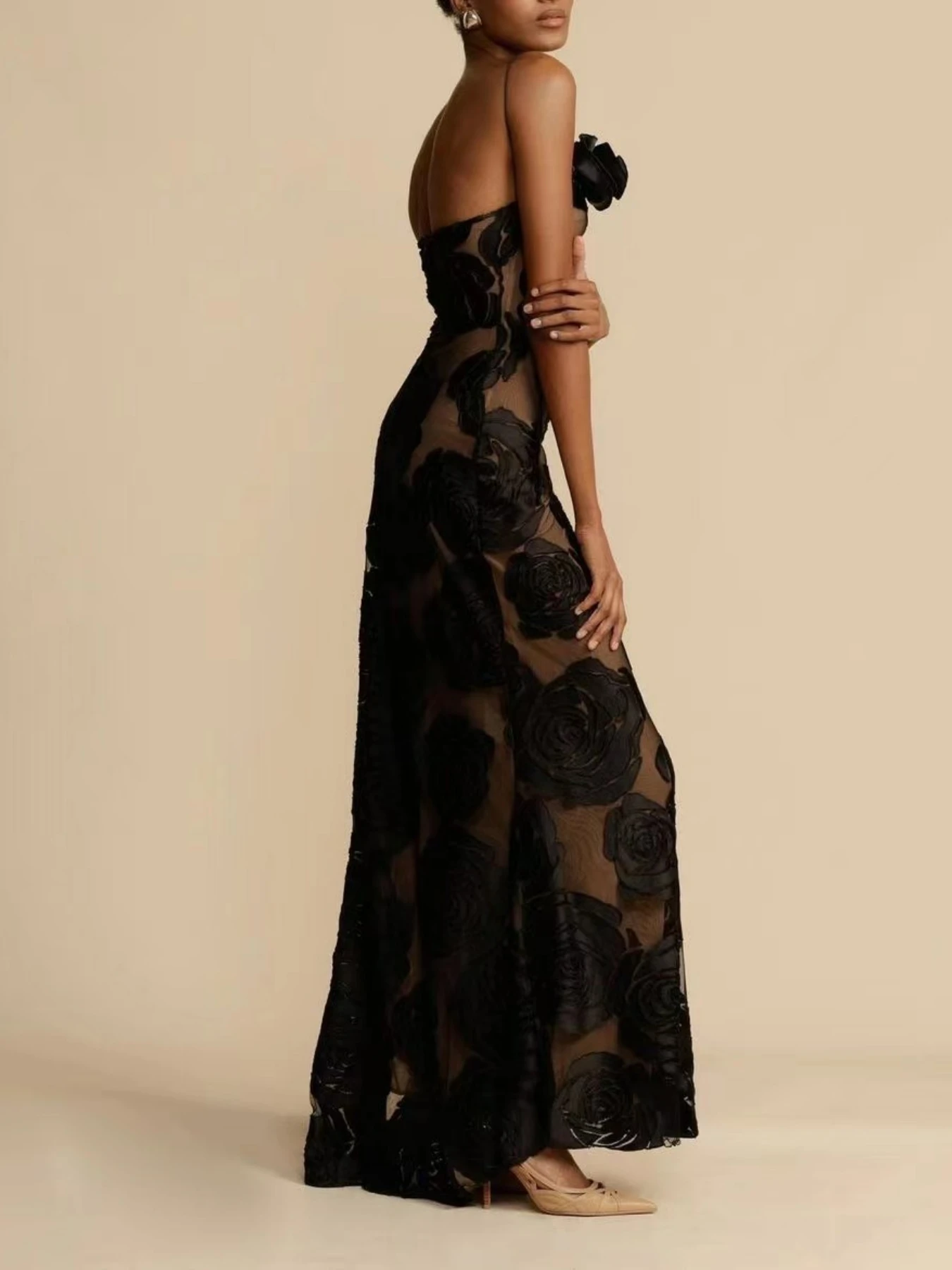 Mikydely New Black See-through Slip Dress Sexy Halter Long dress Evening Gown