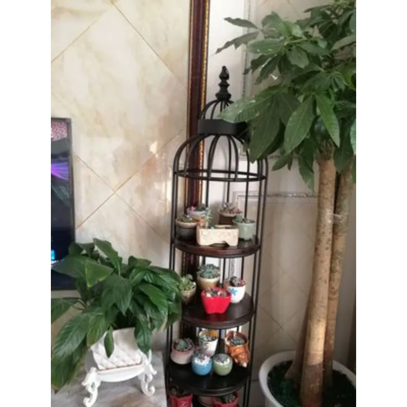 Retro wrought iron flower round display rack birdcage shelf solid wood multi-layer shelf living room floor shelf bookshelf