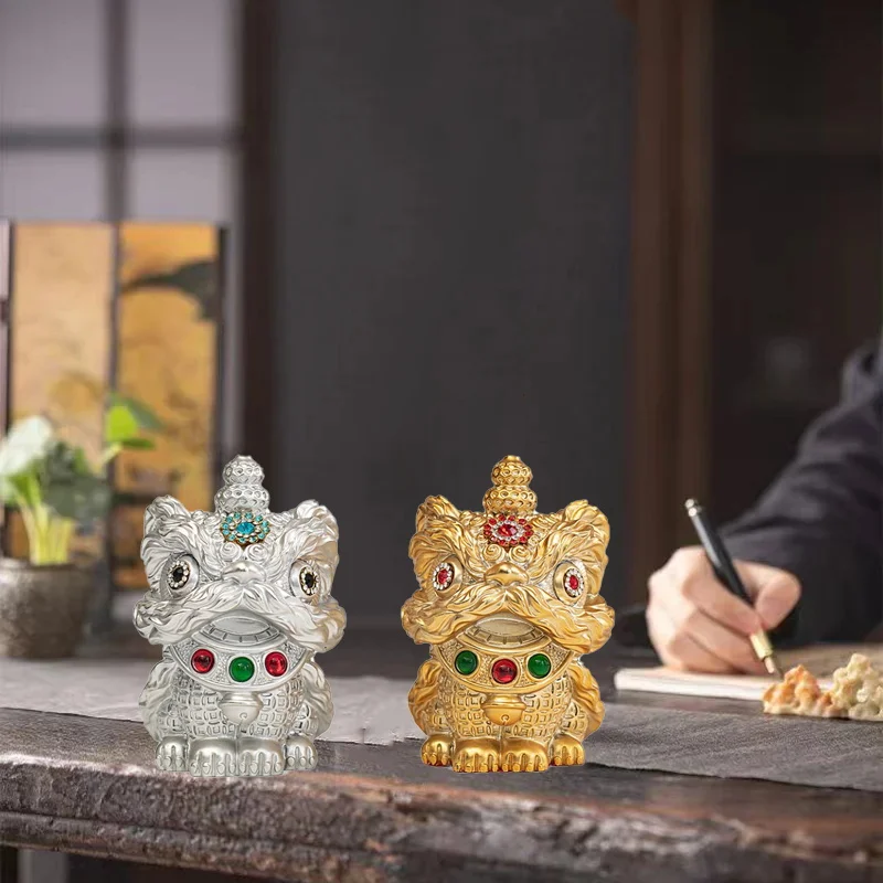 Chinese Lion Statue, Feng Shui Lucky Wealth Ornament for Home Office Desk Decor, Crystal Inlaid Guardian Beast, Oriental Gift