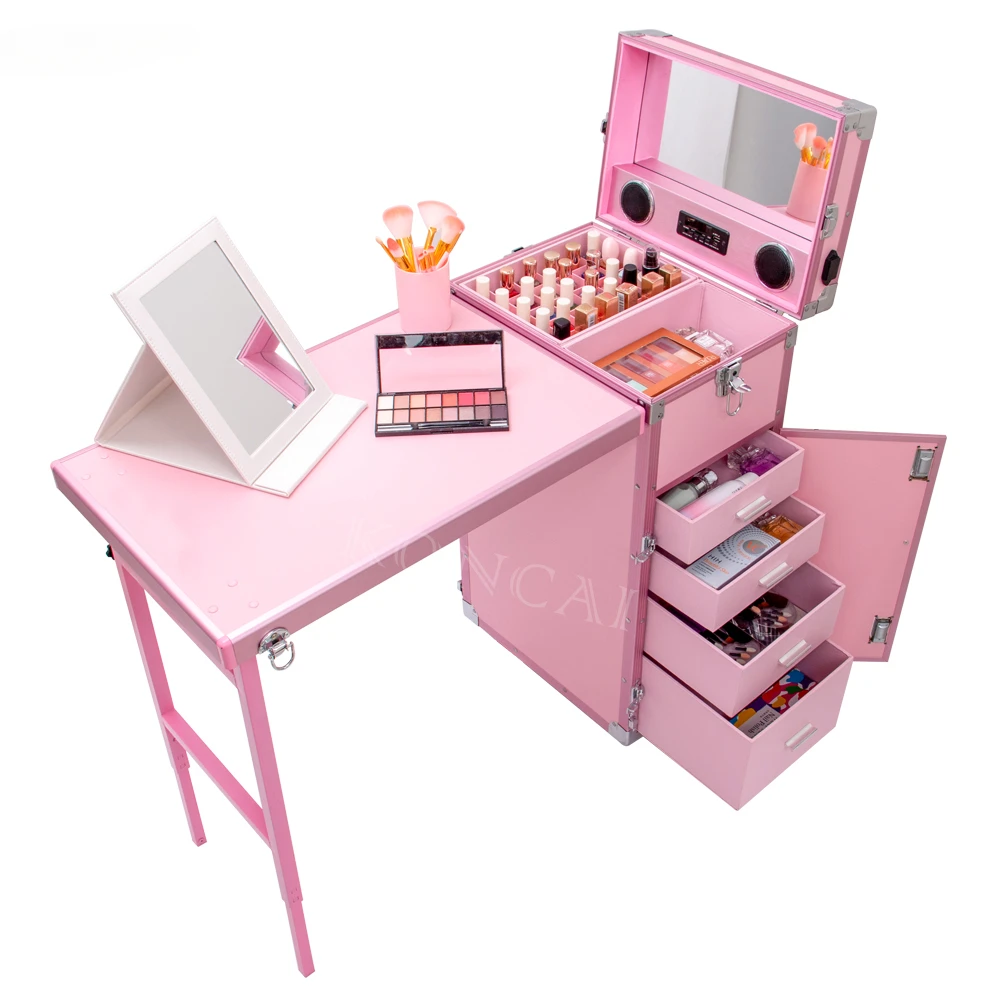 KONCAI newest customized nail table rolling nail polish storage case salon manicure desk aluminum trolley nail technician table