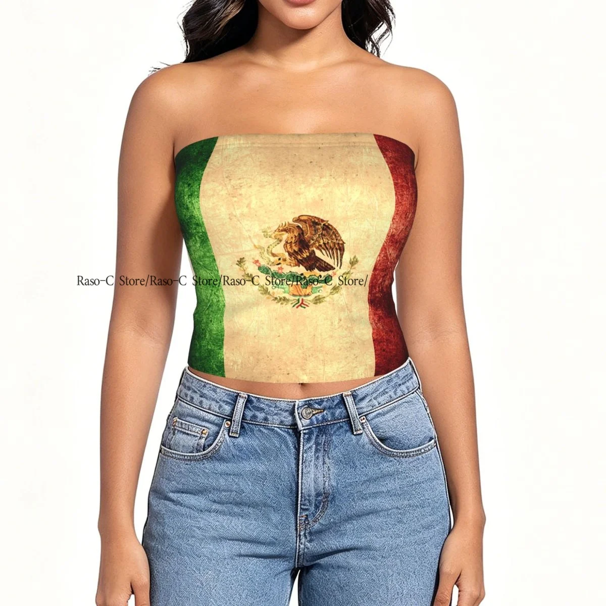 Women Block Crop Slim Tube Top Vintage Mexico Flag Strapless Top For Summer Female Clothing