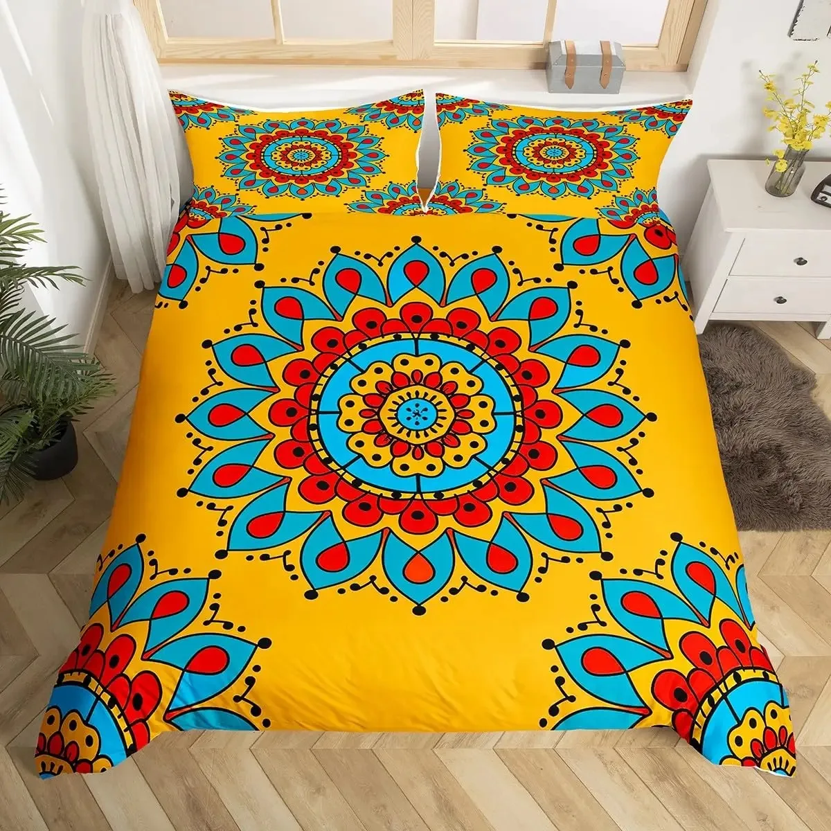 

Retro Mandala Floral Duvet Cover Queen Color Lotus Flower Comforter Cover Abstract Art Bedding Set Bohemian Exotic Quilt Cover