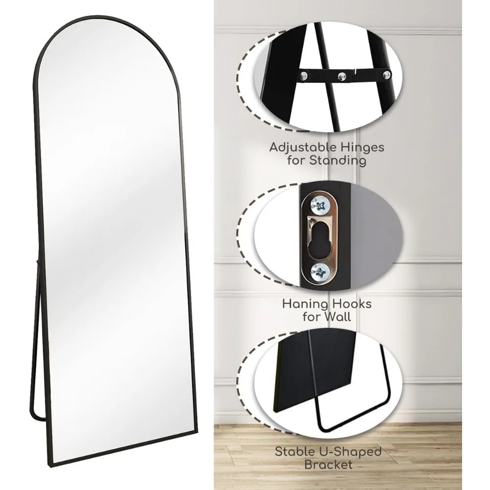 Miroir mural pleine longueur à dessus arqué avec support pour chambre à coucher, miroirs de sol inclinés ou suspendus 64 x 21