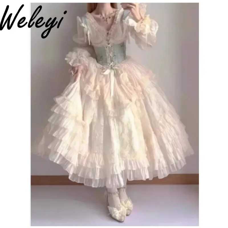 

Jirai Kei Style Generate Color Waist Seal Dress Female Autumn New Lolita Sweet Long Sleeve Bandage Cake Dresses 2 Pieces Suit